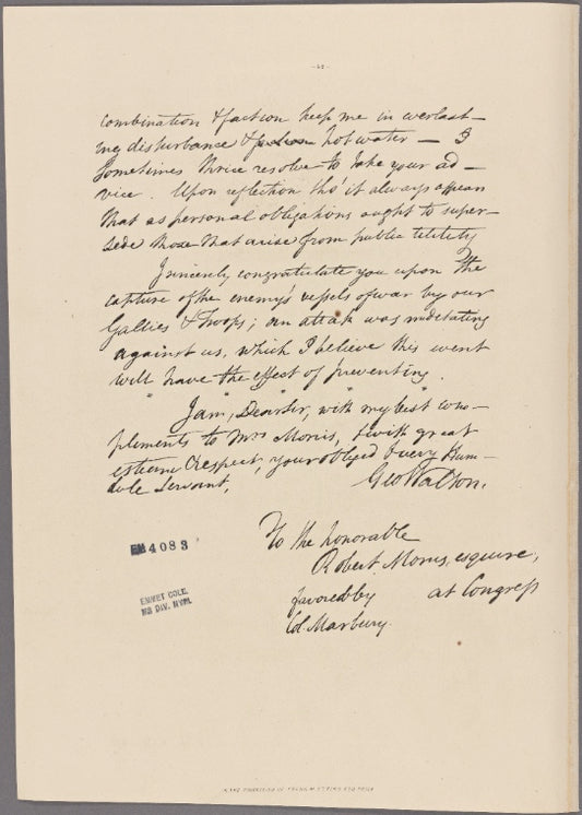 Letter to Robert Morris, at Congress [York, Pa.], by Col. Marbury