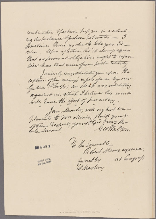 Letter to Robert Morris, at Congress [York, Pa.], by Col. Marbury