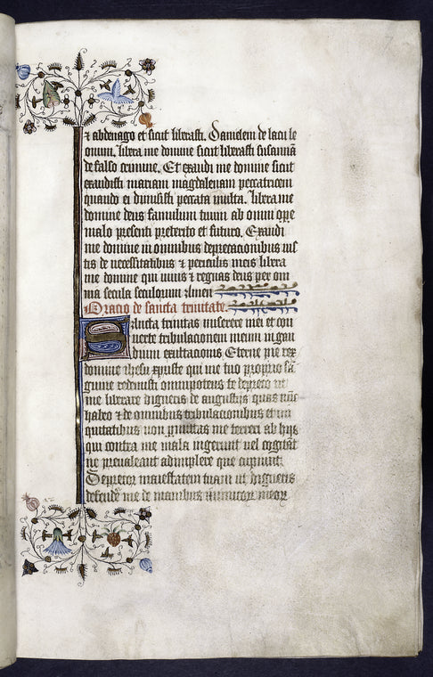 Opening of text (in mid-sentence), with 3-line initial, rubric, linefillers, and border design.
