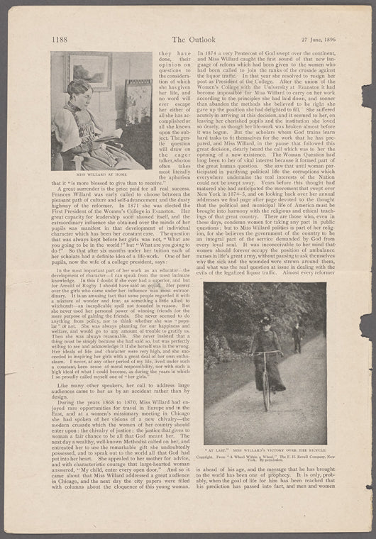 Miss Willard at home. "At last." Miss Willard's victory over the bicycle / copyright. From "A wheel within a wheel." The F.H. Revell Company, New York. By permission