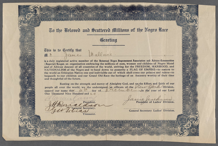 James Wallace UNIA membership certificate