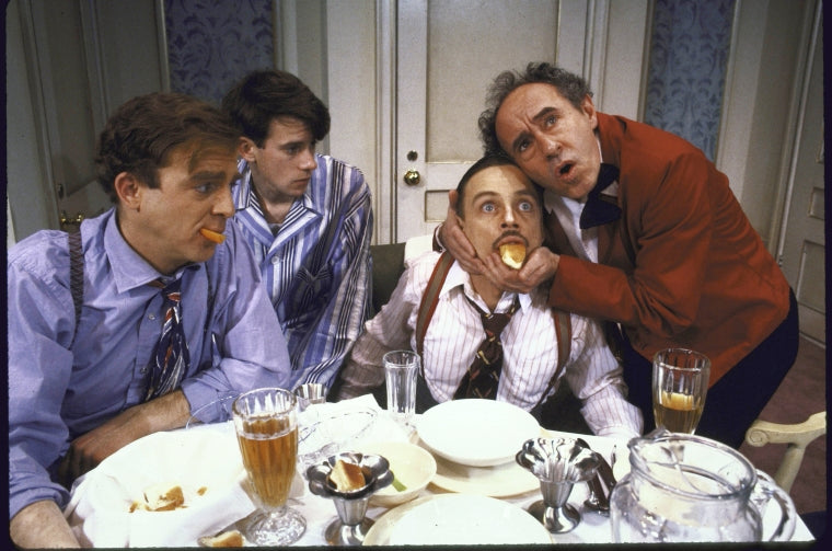 Actors (L-R) Andrew Bloch, Keith Reddin, Mark Hamill and Pierre Epstein in a scene from the Roundabout Theatre's production of the play "Room Service." (New York)