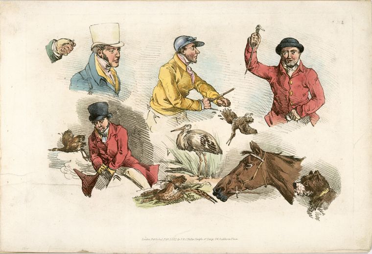 Hunters, animals, birds.