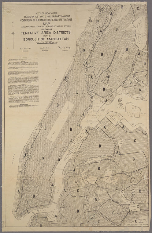 Map accompanying report of March 10th 1916 showing tentative area districts in the Borough of Manhattan