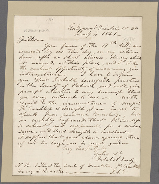 Early, Jubal A. Rocky Mount, Franklin County, Virginia. To Menzies and Howe