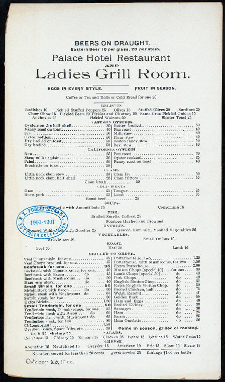 DAILY MENU [held by] PALACE HOTEL RESTAURANT AND LADIES GRILL ROOM [at] "(SAN FRANCISCO, CA?)" (REST;)