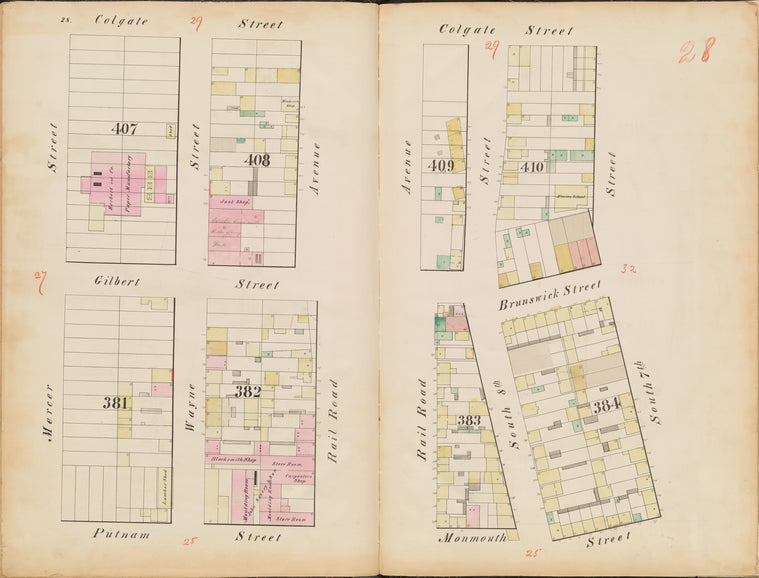 Jersey City, V. 1, Double Page Plate No. 28 [Map bounded by Colgate St., S. 7th St., Monmouth St., Putnam St., Mercer St.]