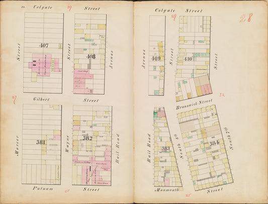 Jersey City, V. 1, Double Page Plate No. 28 [Map bounded by Colgate St., S. 7th St., Monmouth St., Putnam St., Mercer St.]
