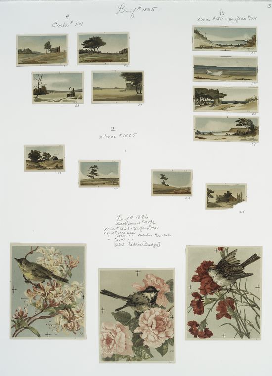 Easter and Christmas cards depicting sparse landscapes with trees; New Year, Christmas, and Valentine cards with flowers and  birds.