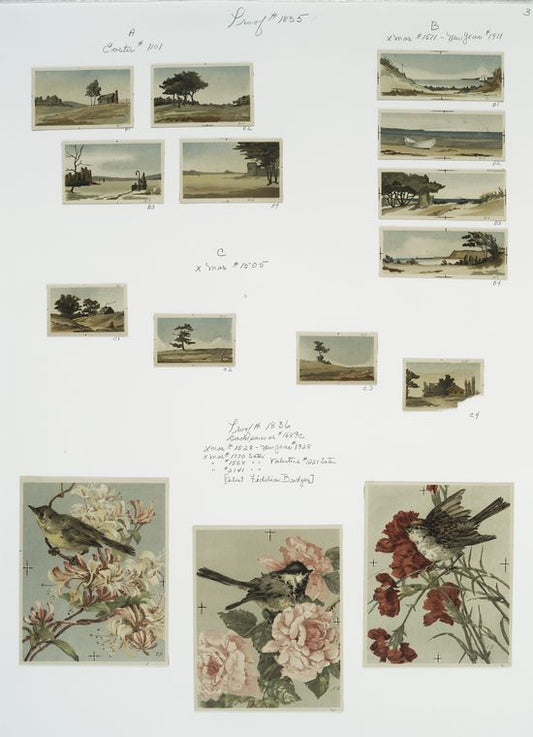 Easter and Christmas cards depicting sparse landscapes with trees; New Year, Christmas, and Valentine cards with flowers and  birds.