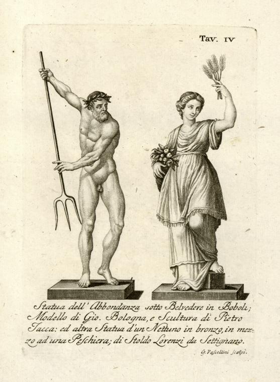 Statua dell' Abbondanza sotto Belvedere in Boboli; Modello di Gio. Bologna, e Scultura di Pietro Tacca: ed altra Statua d'un Nettuno in bronzo, in mezzo ad una Peschiera; di Stoldo Lorenzi da Settignano.