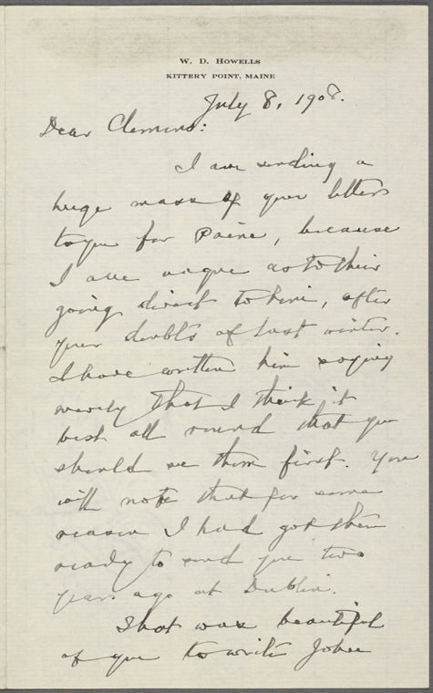Howells, W. D., ALS to SLC. Jul. 8, 1908.