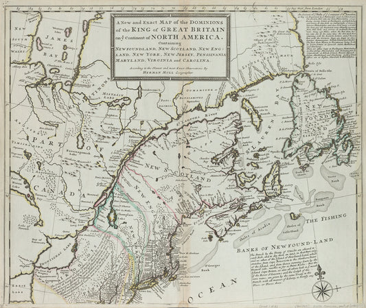 A new and exact map of the dominions of the King of Great Britain on ye continent of North America : containing Newfoundland, New Scotland, New England, New York, New Jersey, Pensilvania, Maryland, Virginia and Carolina