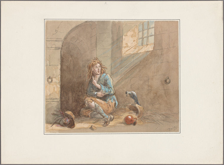 Barnaby Rudge. Browne, H. K. Original water color drawing of Barnaby and his raven