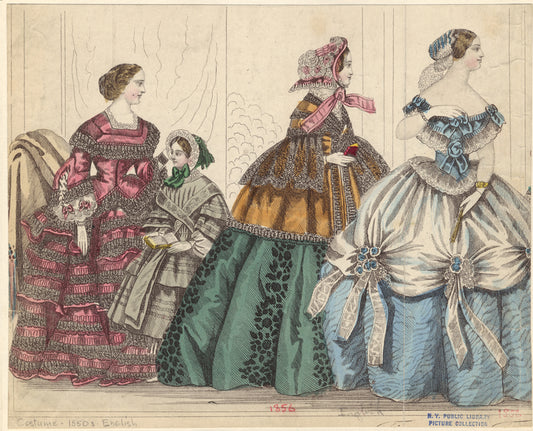 Women and a girl in dresses, England, 1856