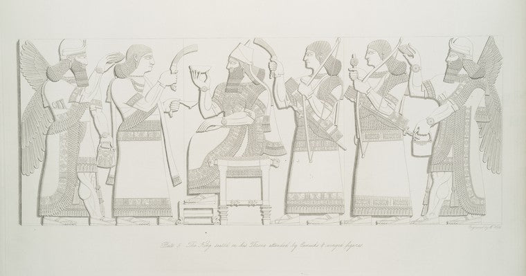 The king seated on his throne attended by eunuchs and winged figures.