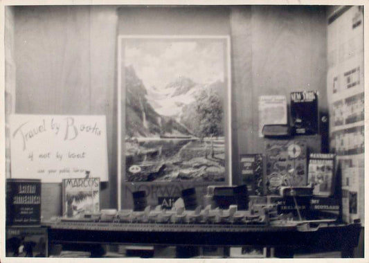 Exterior, window display: Travel by Books and Not by Boat