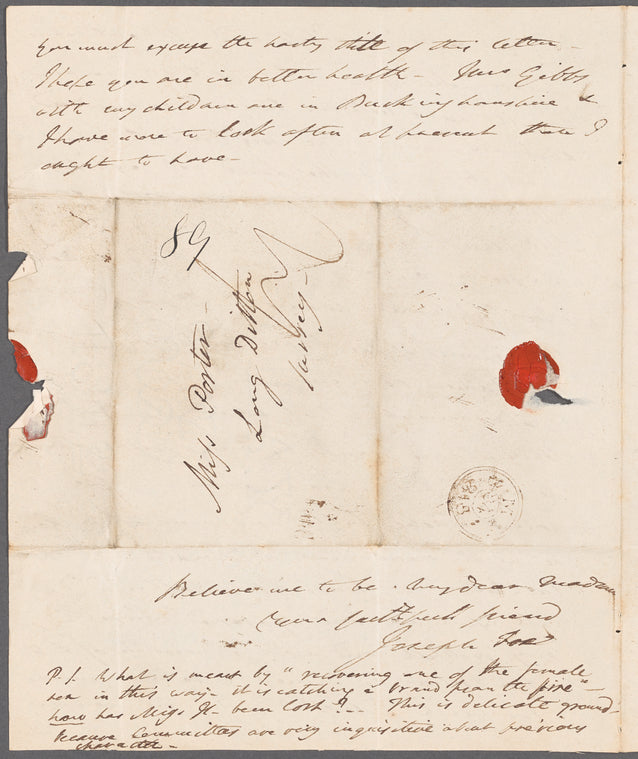 Joseph Fox to Miss Porter, autograph letter signed