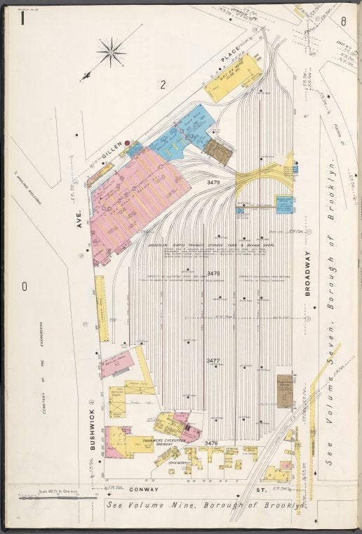 Brooklyn V. 8, Plate No. 1 [Map bounded by Gillen Pl., Broadway, Conway St., Bushwick Ave.]