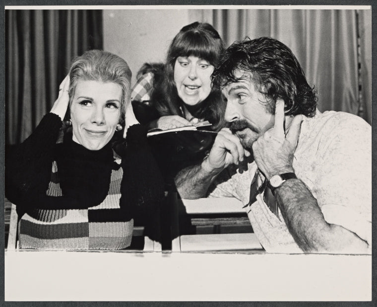 Joan Rivers, Renee Lippin, and Gabriel Dell in rehearsal for the stage production Fun City