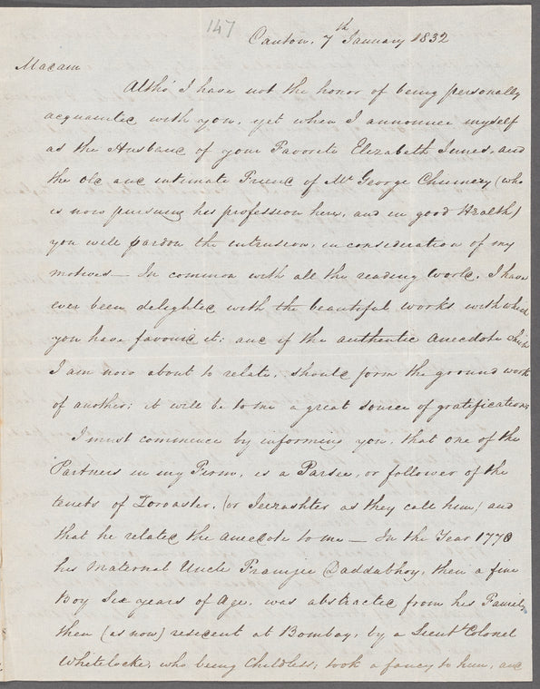 Christopher Augustus Fearon to Miss Porter, autograph letter signed