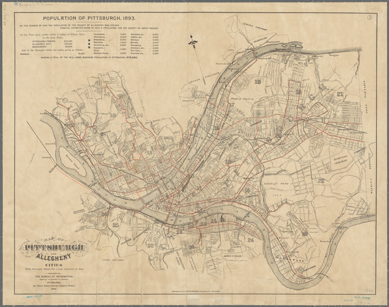 Map of Pittsburgh and Allegheny cities : with principal street car lines indicated in red