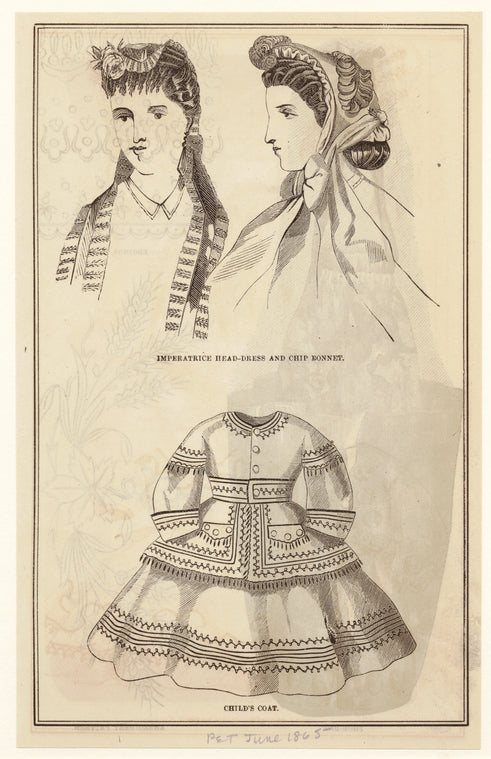 Imperatrice head-dress and chip bonnet ; Child's coat