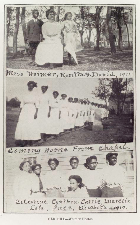 Miss Weimer, Rosetta & David, 1911. ; Coming home from chapel. ; Celestine, Cynthia, Carrie, Lucretia, Lele, Inez, Elizabeth.