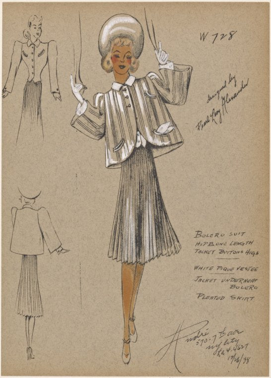 Bolero suit, hipbone length jacket, buttons high.