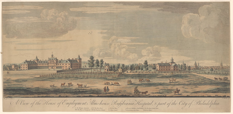 A view of the House of Employment, Alms-House, Pennsylvania Hospital, and part of the city of Philadelphia.