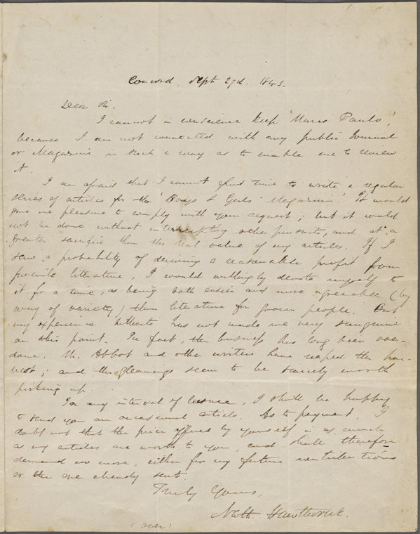 Colman, Samuel, ALS to. Sept. 27, 1843