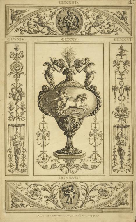 Central design of urn with design of cherub driving horse-drawn chariot