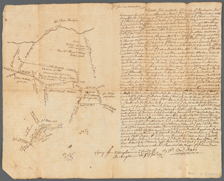 Return of land joyning to Thorns being a tract (?) in company Edmd. Beakes, Thoms. Middleton & Ab. Tilton (1741/2, survey of land near Crosswicks Creek and Doctors Creek, New Jersey, by order of James Alexander)
