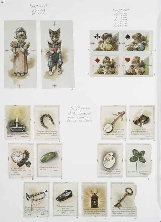 Golden Treasures: Valentines and Christmas cards depicting cats dressed in clothes, women, spades, clubs, hearts, diamonds, clovers, paint palettes, horseshoes, candles, peas, a pocket watch, trumpets, shoes, lanterns, keys, chestnuts and a banjo.