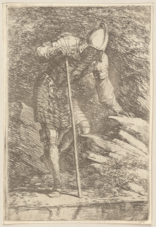 Soldier in Helmet and Armor Regarding a Stream