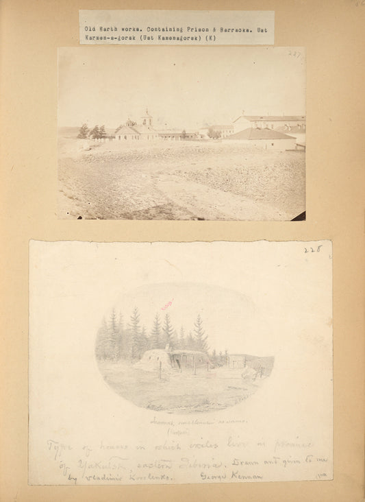 Old Earth works. Containing Prison and Barracks; Types of houses in which exiles live in province of Yakutsk, eastern Siberia. Drawn and given tome by Vladimir Korolenko.  George Kennan.