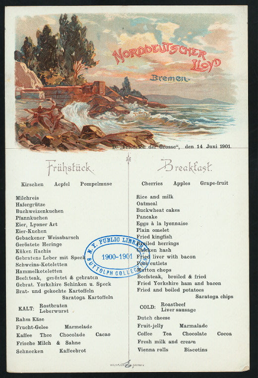 BREAKFAST [held by] NORDDEUTSCHER LLOYD BREMEN [at] SS FRIEDRICH DER GROSSE (SS;)