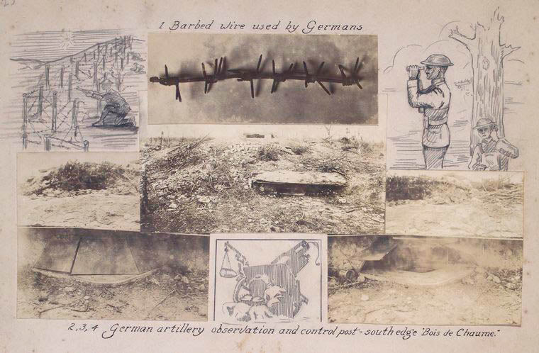 Barbed wire used by Germans ; German artillery observation and control post, south edge Bois de Chaume.