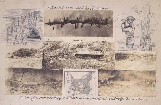 Barbed wire used by Germans ; German artillery observation and control post, south edge Bois de Chaume.