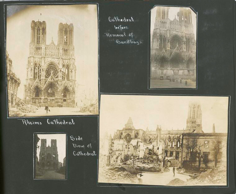 Cathedral before removal of sandbags; Rheims Cathedral; side view of cathedral