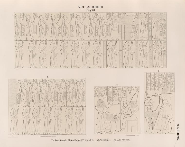 Neues Reich. Dynastie XXI. Theben [Thebes]. Karnak. Chôns-Tempel T.,  Vorhof D.:  a. b.  Westseite;  c. d.  Aus Raum E..