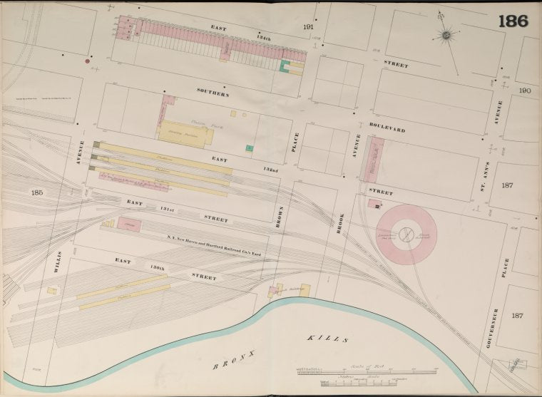 Bronx, V. 9, Double Page Plate No. 186 [Map bounded by East 134th St., St. Ann's Ave., Gouverneur Pl., Bronx Kills, Willis Ave.]