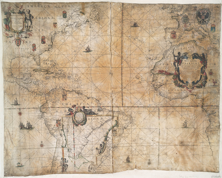 West-Indische paskaert: waer in de graden der breedde over weder zyden vande middellyn wassende soo vergrooten, ... Vertonende (behalven Europaes zuydlickste) alle de Zee-kusten van Africa en America ...