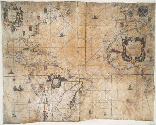 West-Indische paskaert: waer in de graden der breedde over weder zyden vande middellyn wassende soo vergrooten, ... Vertonende (behalven Europaes zuydlickste) alle de Zee-kusten van Africa en America ...