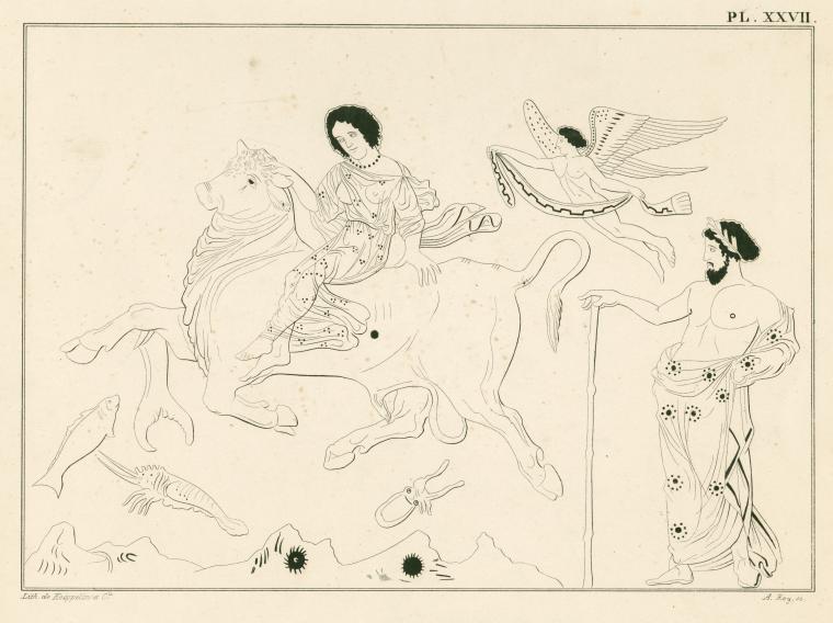Europa riding on the bull through the sea