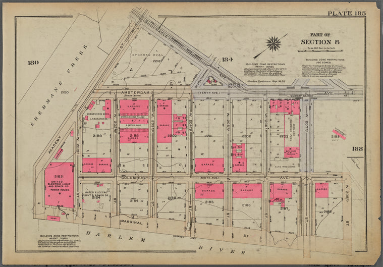 Plate 185, Part of Section 8: [Bounded by Nagle Avenue, Amsterdam Avenue, W. 207th Street, Columbus Avenue, W. 208th Street, (Harlem River) Marginal Street and (Sherman's Creek) Academy Street]