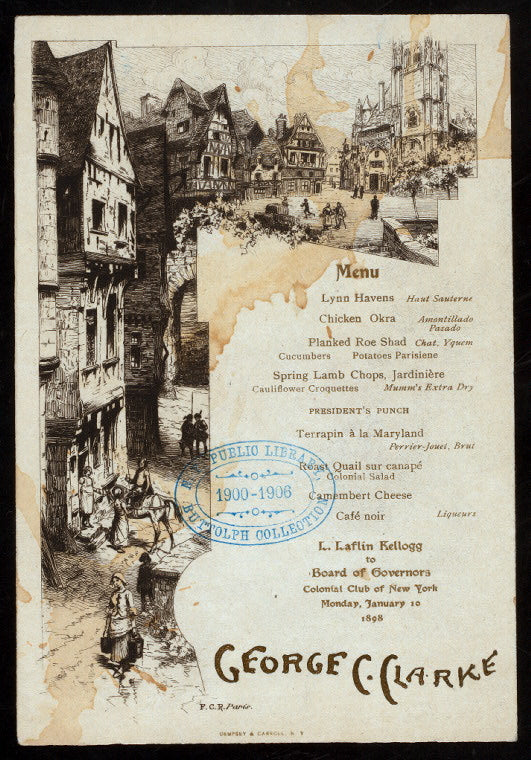 DINNER TO [GEORGE C. CLARK] [held by] L. LAFLIN KELLOGG [at] COLONIAL CLUB OF NY (CLUB)