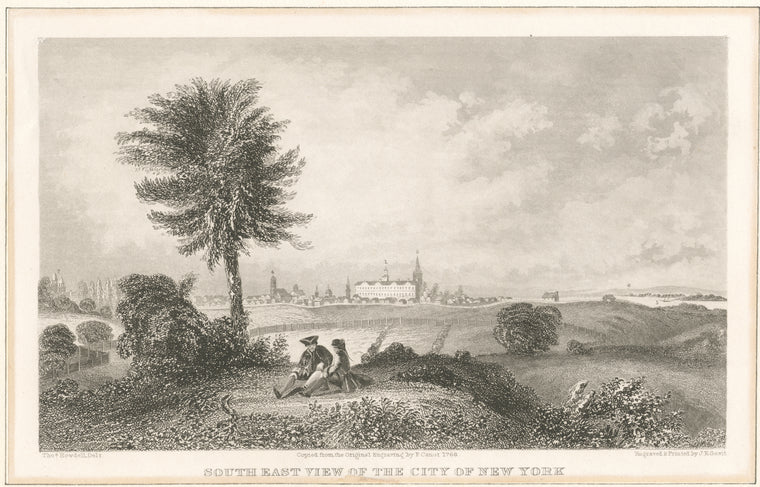 South East View of the City of New York [1. New College, 2. Old English Church, 3. City Hall, 4. French Church, 5. North River, 6. Staten Island, 7. The Prison. 1768].