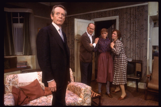 Actors (L-R) Patrick McGoohan, George N. Martin, Tracy Pollan & Rosemary Harris in a scene fr. the Broadway play "Pack of Lies." (New York)