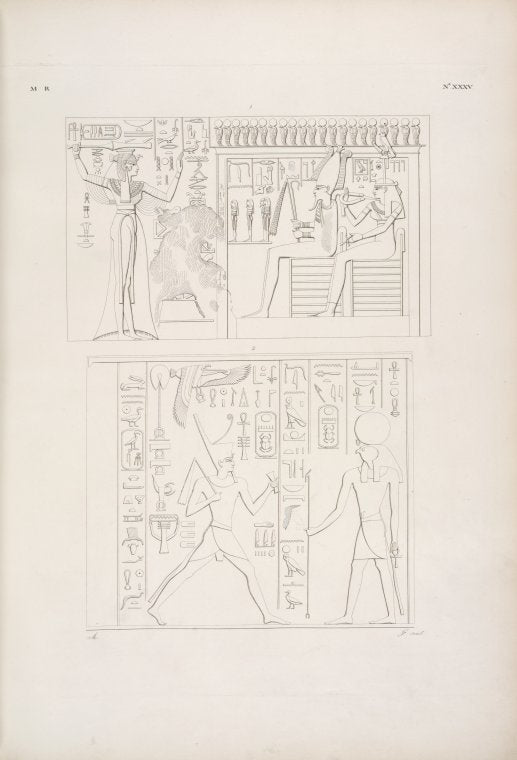 Offerta ad Osiride [Osiris] e Athyr [Hathor], fatta dalla regina Amonmai [Meritamon?]. -- Thutmes IV (Moeris) viene a dedicare il tempio di Amada a Phrê [Ra].